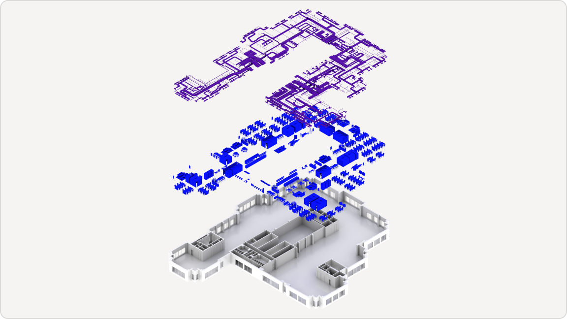Maquette BIM – vue éclatée des couches structure, MEP et mobilier
